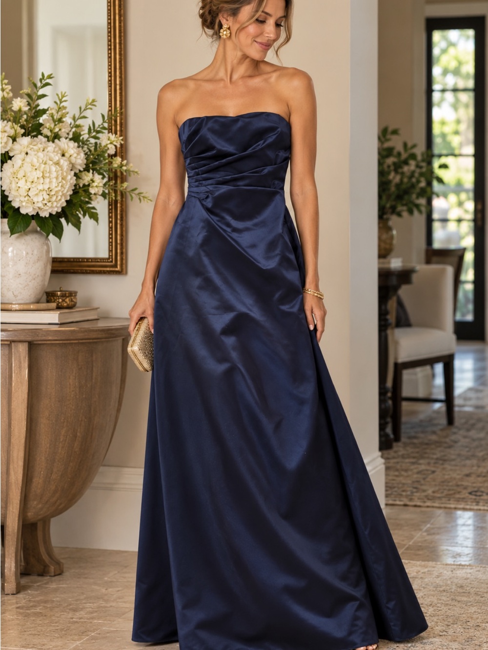Aqua Strapless Navy Satin Gown
